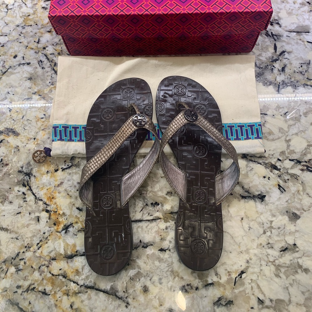 Tory Burch Thora Snake Embossed Leather Flip Flops